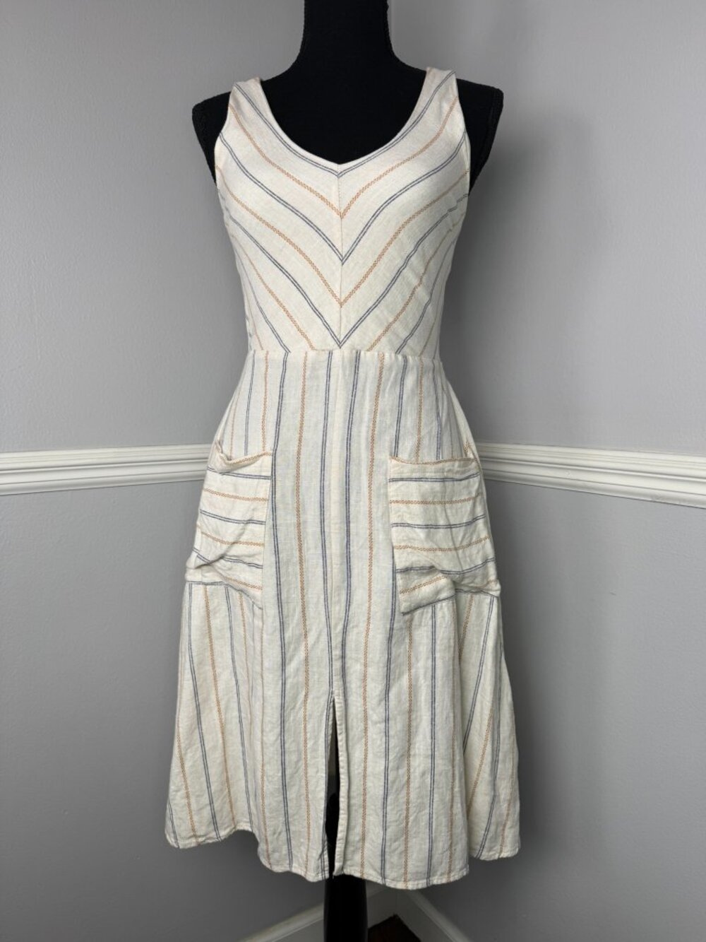 Monteau Women's S Linen Blend Pinstripe Sundress Ivory Sleeveless Preppy Cruise